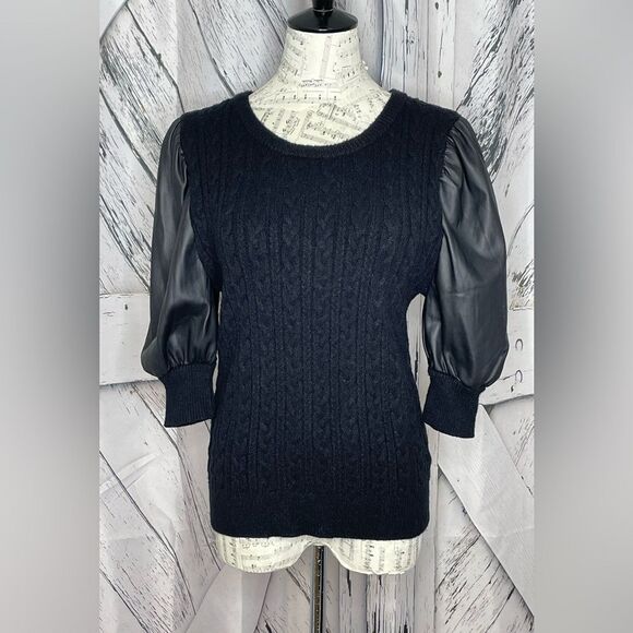 Tahari Faux Leather Puff Sleeve Sweater Black Cable Knit M - Picture 1 of 8